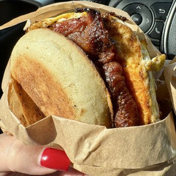 The Marylander - Breakfast sandwich with brown sugar, bacon, two eggs, and no American cheese. - Food Trucks Near Me - Austin, Texas The Marylander - Breakfast sandwich with brown sugar, bacon, two eggs, and no American cheese. - Food Trucks Near Me - Austin, Texas