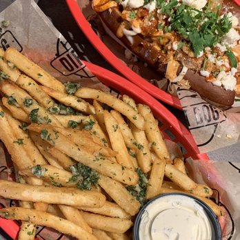 Dirt Dog - Garlic Fries & Tapatio Dog; IG: @katzlundell - Hot Dogs Near Me - Long Beach, California