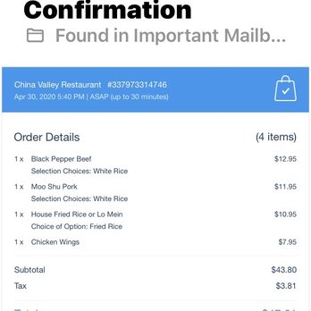 China Valley - Confirmation of online order - Szechuan Near Me - Oro Valley, Arizona China Valley - Confirmation of online order - Szechuan Near Me - Oro Valley, Arizona