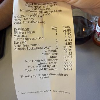Hot Plate - Receipt. A double shot chai latte will charge you for 1 xtra shot and an espresso - Breakfast & Brunch Near Me - Minneapolis, Minnesota