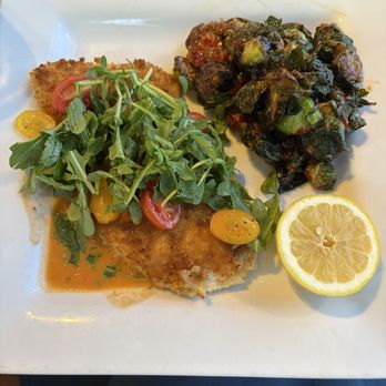CraftWay Kitchen - Chicken Milanese (menu says whipped potatoes come with this but I sub'ed) brussels sprouts that were super tasty and not spicy at all. - New American Near Me - Southlake, Texas CraftWay Kitchen - Chicken Milanese (menu says whipped potatoes come with this but I sub'ed) brussels sprouts that were super tasty and not spicy at all. - New American Near Me - Southlake, Texas