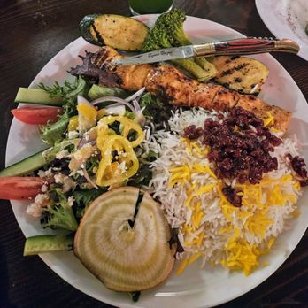 Green Cottage - Saffron Chicken, Greek Salad, Basmati Rice & Barberry Zereshkpolo, grilled veggies - Mediterranean Near Me - Encino, California Green Cottage - Saffron Chicken, Greek Salad, Basmati Rice & Barberry Zereshkpolo, grilled veggies - Mediterranean Near Me - Encino, California