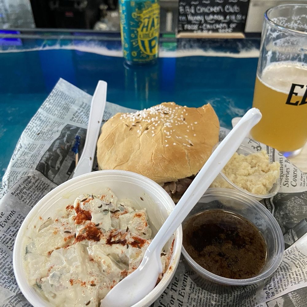 Salty Pint - Nor-Easter with potato salad (note the cup of horseradish) - Sandwiches Near Me - Daytona Beach Shores, Florida