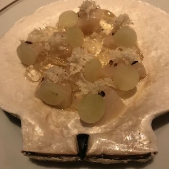 Le Coucou - Scallop app crudo style with Riesling gelee, grapes, apple and horseradish--tastes as good as it seems - French Near Me - New York, New York