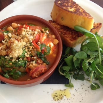 Sunday - Baked eggs, chickpeas, chorizo (only 3 pieces), and cornbread - Cafes Near Me - London, XGL Sunday - Baked eggs, chickpeas, chorizo (only 3 pieces), and cornbread - Cafes Near Me - London, XGL