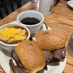 Steak sandwich comes with fries, soup salad or chili (special today) Steak sandwich comes with fries, soup salad or chili (special today)