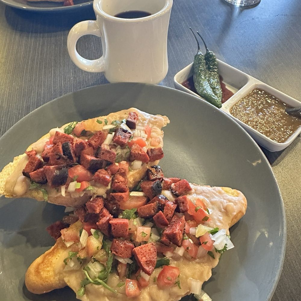Molletes de Chorizo and cafe de olla Molletes de Chorizo and cafe de olla