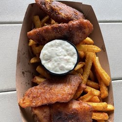Paradiso Tiki Tours - Fish & Chips at Oleta Grille during sunset cruise on Tiki Tour