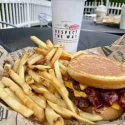 Wayback Burgers - The Cheeeesy Burger with added bacon. Plus fries and drink.