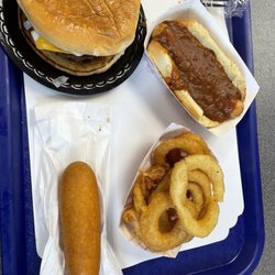 Lotta Burger - Single burger, chili dog, onion rings, and corn dog.