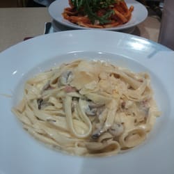 Chantilly's Cafe - Fettuccine carbonara large ($18) with Prawn chorizo small ($14) in the background.
