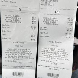 Receipts showing times and what was ordered.
