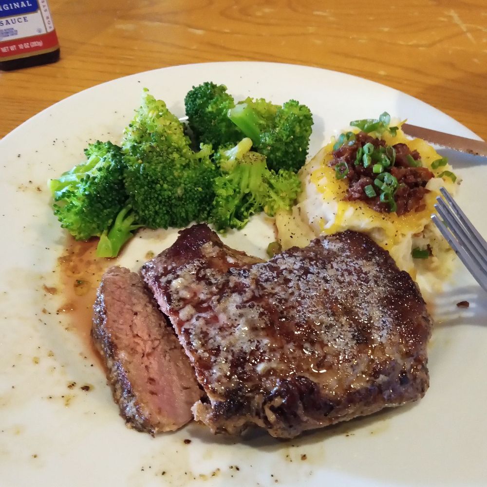 6oz steak with loaded mashed potatoes and broccoli. 6oz steak with loaded mashed potatoes and broccoli.