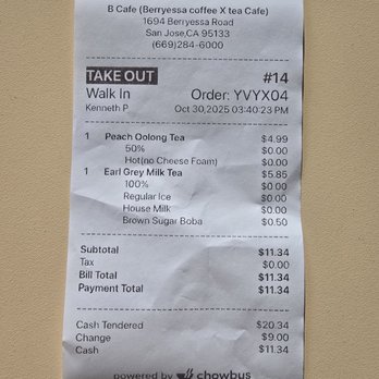 B Cafe - 10/30/25 Receipt - Bubble Tea Near Me - San Jose, California B Cafe - 10/30/25 Receipt - Bubble Tea Near Me - San Jose, California