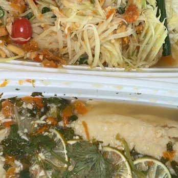 Saranrom Thai - Papaya Salad (contains DRIED SHRIMP) (top; very spicy) Steamed Fish with Spicy Garlic Lime Sauce (spicy) - Thai Near Me - Elmhurst, New York