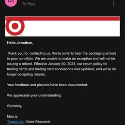 Email from customer service Email from customer service