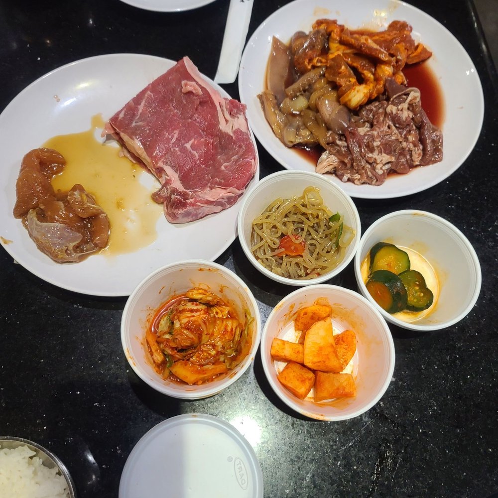 Shila Korean BBQ - The sides they give you/meat - Barbeque Near Me - Clovis, California Shila Korean BBQ - The sides they give you/meat - Barbeque Near Me - Clovis, California