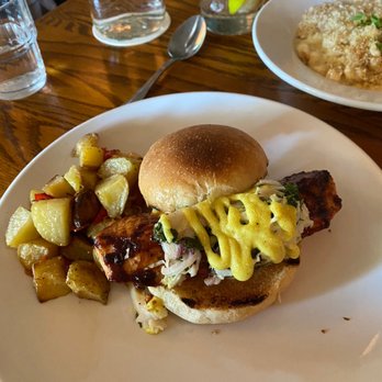 Big Sky Cafe - Salmon Burger with fingerling potato side..... WOW - Breakfast & Brunch Near Me - Webster Groves, Missouri