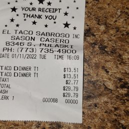 Bill for two Chicken Taco Dinners Bill for two Chicken Taco Dinners