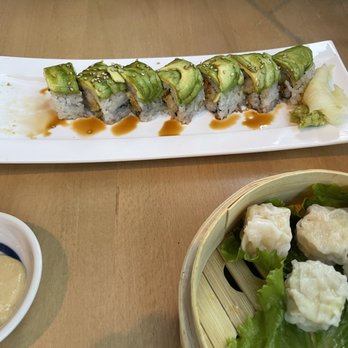 Sushi Ko - Possibly the Caterpillar Roll on top, steamed shrimp dumplings on the bottom? (it's been a couple of months) - Japanese Near Me - Larkspur, California Sushi Ko - Possibly the Caterpillar Roll on top, steamed shrimp dumplings on the bottom? (it's been a couple of months) - Japanese Near Me - Larkspur, California