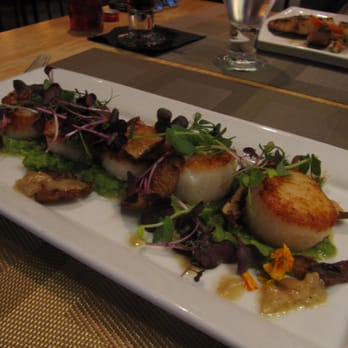 ArtBar Cambridge - Pan Seared Sea Scallops, Pea Puree, Vidalia Cream, Black Trumpets, Fresh Herb and Floral Salad $26 6/2012 - New American Near Me - Cambridge, Massachusetts ArtBar Cambridge - Pan Seared Sea Scallops, Pea Puree, Vidalia Cream, Black Trumpets, Fresh Herb and Floral Salad $26 6/2012 - New American Near Me - Cambridge, Massachusetts