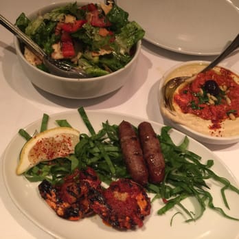 Restaurant Alep - Mezze (meghez and spicy shrimp) Fattouche salad and hummus - Middle Eastern Near Me - Montreal, Quebec