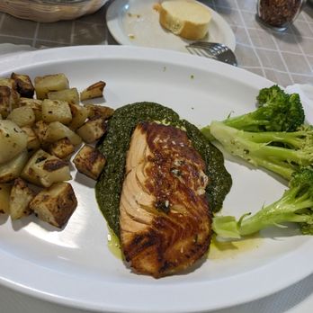 Eatalian - Salmon (overcooked) on pesto sauce, potatoes (dry and bland) and steamed broccoli - Italian Near Me - Gardena, California Eatalian - Salmon (overcooked) on pesto sauce, potatoes (dry and bland) and steamed broccoli - Italian Near Me - Gardena, California