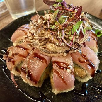Sushi Club - ALBACORE CRISPY ONION IN: cucumber, spicy albacore; OUT: albacore SAUCE: garlic ponzu, eel sauce - Sushi Bars Near Me - Brea, California Sushi Club - ALBACORE CRISPY ONION IN: cucumber, spicy albacore; OUT: albacore SAUCE: garlic ponzu, eel sauce - Sushi Bars Near Me - Brea, California