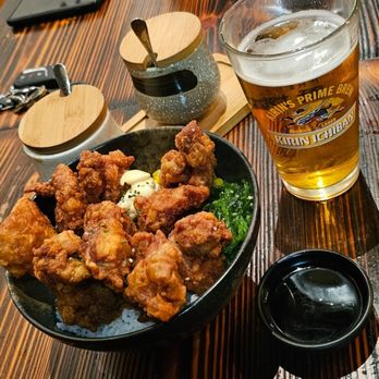 AJI Ramen - a bowl of fried chicken and a glass of beer - Ramen Near Me - Katy, Texas AJI Ramen - a bowl of fried chicken and a glass of beer - Ramen Near Me - Katy, Texas