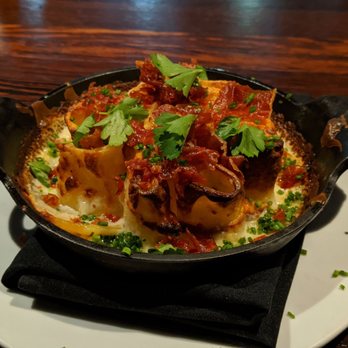 Juniper - Baked Paccheri + prosciutto, taleggio, chive - Italian Near Me - Austin, Texas