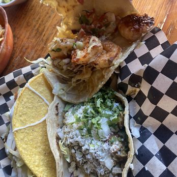 Tacovore - Shrimp and shredded chicken with green sauce tacos - Mexican Near Me - Eugene, Oregon