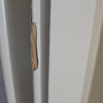 Radiant Blue Homes - The interior doors are all messed up and they were sticking and took out this large chunk of wood in the master bedroom door frame - General Contractors Near Me - Cedar City, Utah Radiant Blue Homes - The interior doors are all messed up and they were sticking and took out this large chunk of wood in the master bedroom door frame - General Contractors Near Me - Cedar City, Utah