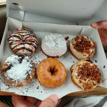 Duck Donuts - Top left to Bottom right Beachball, Sand Dollar Maple Bacon The Boardwalk, Glazed, Bacon in the Sun - Donuts Near Me - Daytona Beach, Florida Duck Donuts - Top left to Bottom right Beachball, Sand Dollar Maple Bacon The Boardwalk, Glazed, Bacon in the Sun - Donuts Near Me - Daytona Beach, Florida