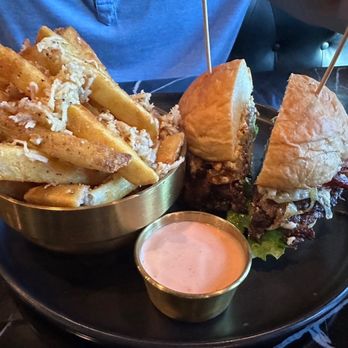Fancy Burger - black and blue with garlic parm fries - Burgers Near Me - Boise, Idaho Fancy Burger - black and blue with garlic parm fries - Burgers Near Me - Boise, Idaho
