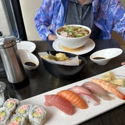 Assorted Sushi and warm saki. We got 2 orders of of the tempura udon.