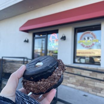 Mortensen Dairy Ice Cream - Eat Ice cream for breakfast day - soft serve twist chocolate donut sandwich rolled in chocolate sprinkles - Ice Cream & Frozen Yogurt Near Me - Newington, Connecticut