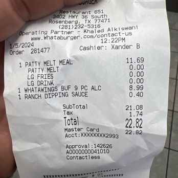 Whataburger - Receipt almost 10 dollars for wings and you pay extra for sauce McDonald's isn't even this cheap - Fast Food Near Me - Rosenberg, Texas