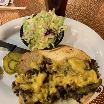 Binion's Cafe - Coleslaw, butter pickles and burnt, overdone Philadelphia cheese steak sandwich. - Cafes Near Me - Las Vegas, Nevada Binion's Cafe - Coleslaw, butter pickles and burnt, overdone Philadelphia cheese steak sandwich. - Cafes Near Me - Las Vegas, Nevada