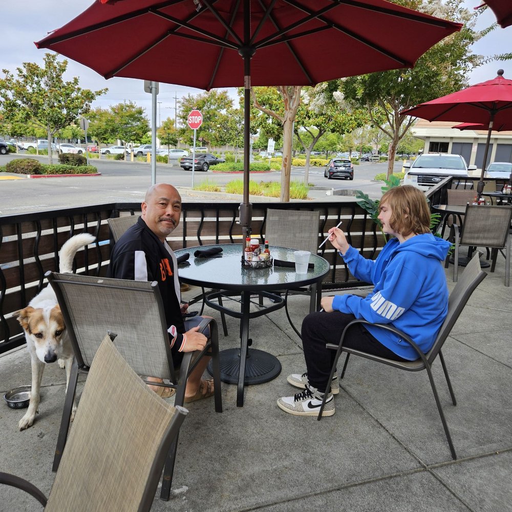 Eggspresso - My husband Pete, my dog Hammy, and Aedan..nice outdoor seating - Breakfast & Brunch Near Me - Petaluma, California