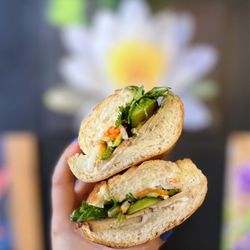 Aina's Vegan Banh Mi - #2 Vegan Xá Xíu (Chinese BBQ Pork) Bánh Mi w/ soy protein, extra cashew pâté, extra veganaise, pickled veggies, cucumber, jalapeño | $8.50