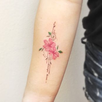 Hana Ink Studio - Cherry blossoms with geometric shapes and fine script - Tattoo Near Me Hana Ink Studio - Cherry blossoms with geometric shapes and fine script - Tattoo Near Me