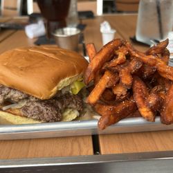 Stubborn Mule - Double smash burger with sweet potato fries.