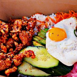 Karbach Brewing - Korean Fried Chicken Bowl with a fried egg