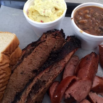 Leon's Smoke Shack BBQ - Mixed dinner with two sides.  Slices brisket, sausage, beans, potato salad - Barbeque Near Me - Tulsa, Oklahoma