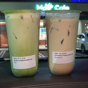 Moo Cafe - Left:no mods. Right:less ice. Right has more ice and less drink. Both drinks appear to be filled almost the same. - Bubble Tea Near Me - Placentia, California