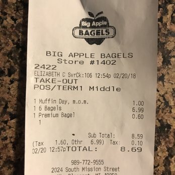 Big Apple Bagels - 6 bagels (one was premium for $.60 up charge) and 1 muffin for National Muffin day for $1. - Bagels Near Me - Mt. Pleasant, Michigan