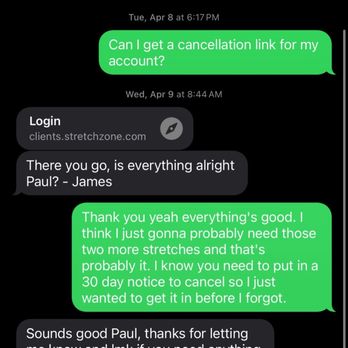 Stretch Zone - text showing cancelled 2 days after 30 days after cancellation... still disputing charges.. fucking scam.. James.. fucking liar - Trainers Near Me - Portland, Oregon Stretch Zone - text showing cancelled 2 days after 30 days after cancellation... still disputing charges.. fucking scam.. James.. fucking liar - Trainers Near Me - Portland, Oregon