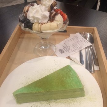 Mango Mango Dessert - Green tea Mille crepe cake slice and coconut ice cream sundae with mixed fruit - Desserts Near Me - Plano, Texas