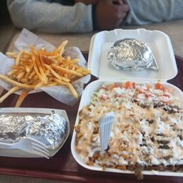 I got the combo platter with both sauces and my 14 year old got the gyro sandwich with fries. I got the combo platter with both sauces and my 14 year old got the gyro sandwich with fries.
