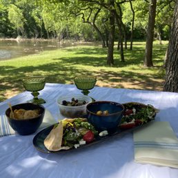 Pita Pockets, Citrus Marinated Olives, Marinated Shrimp Skewers